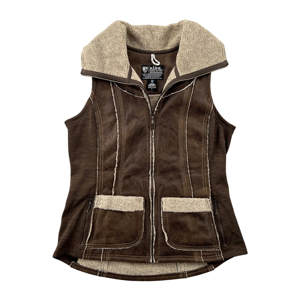 KUHL Dani Sherpa Vest Women L Brown Faux Suede Shearling Trim Full Zip Gorpcore